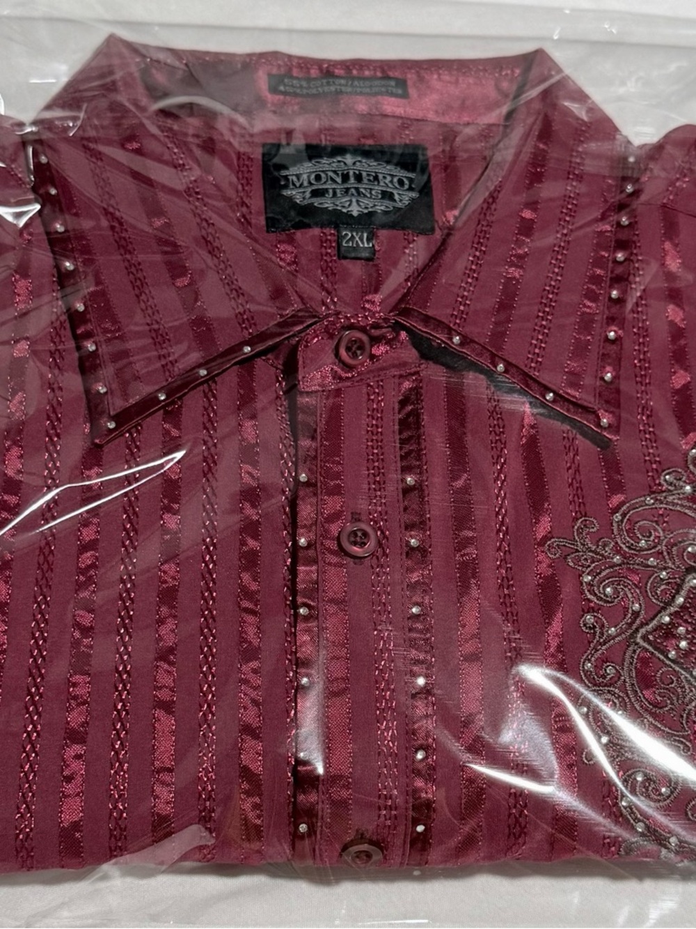 Men's Burgundy Embellished Long Sleeve Shirt